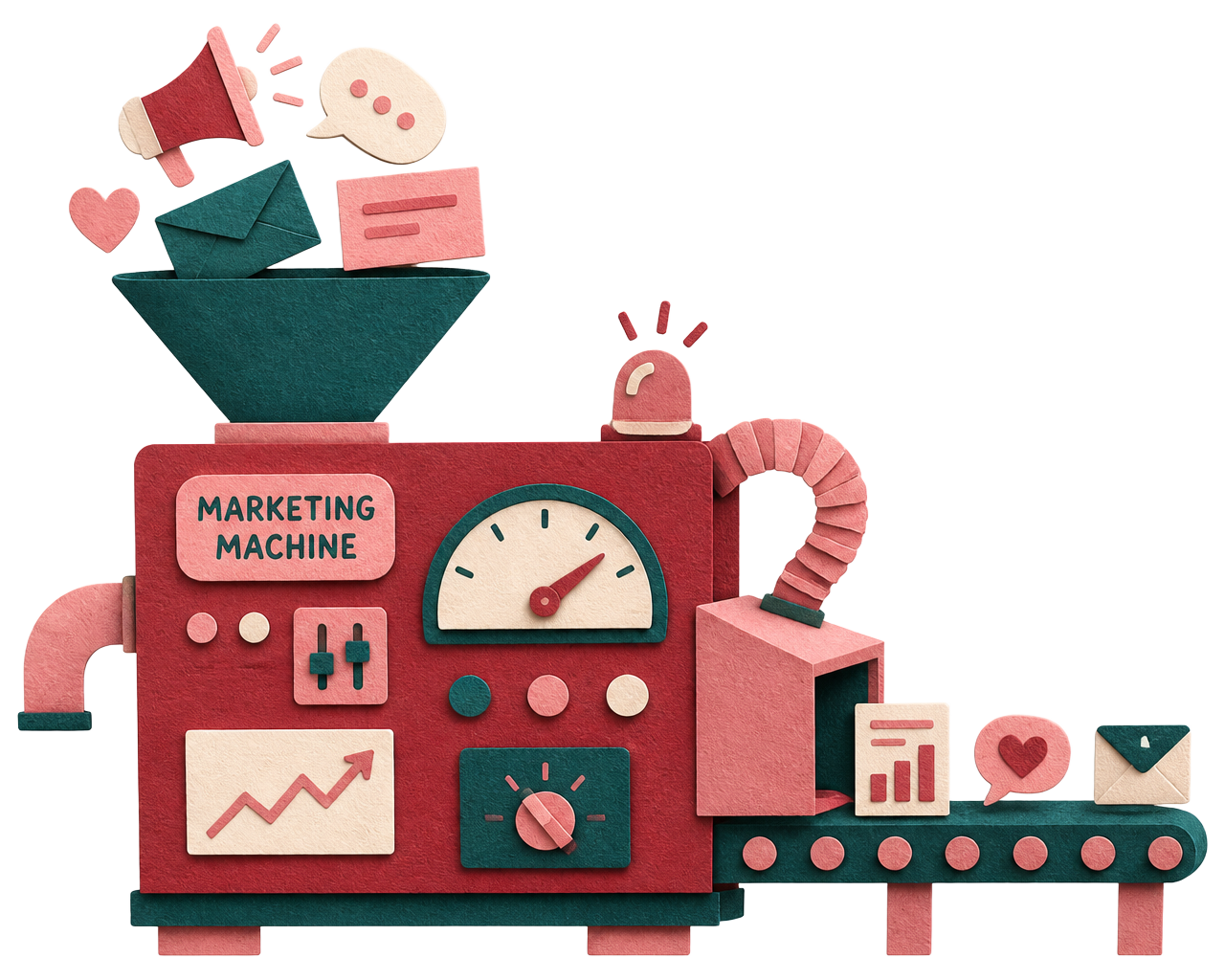 Paper-cut illustration of a marketing machine turning ideas into results